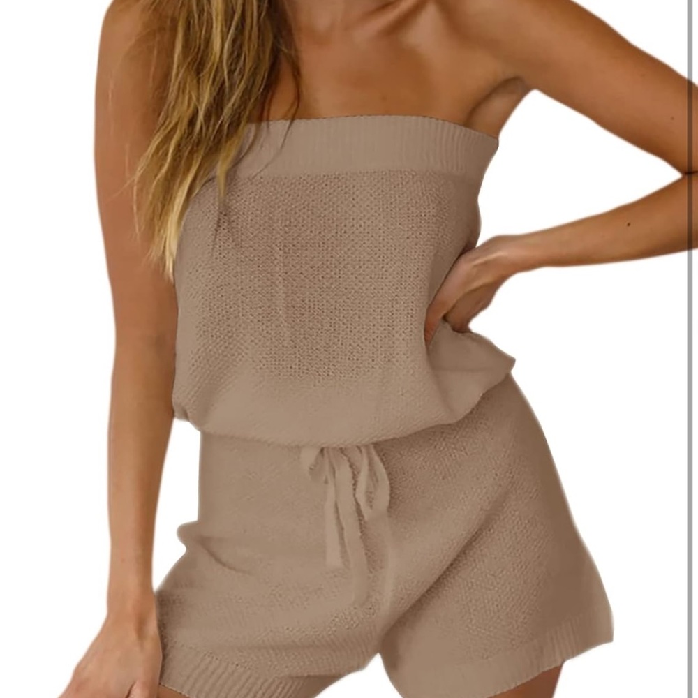 Beige Strapless Knit Romper
